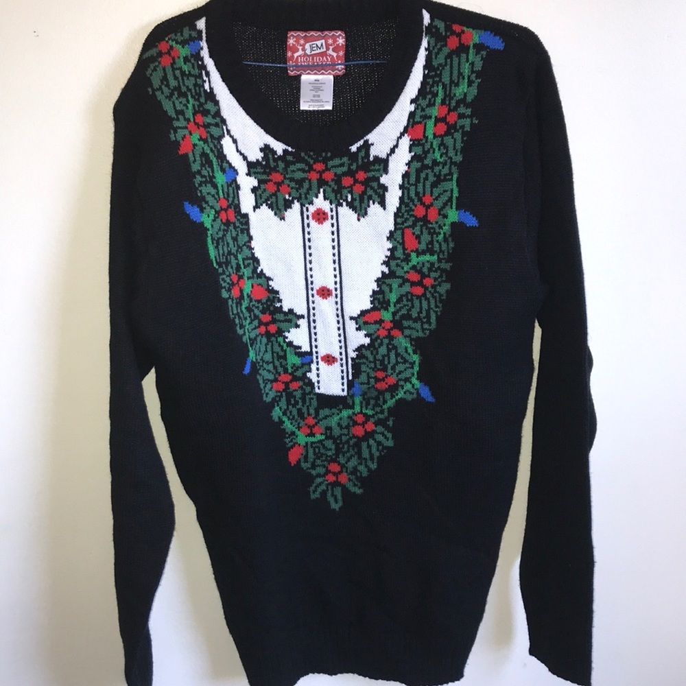Ugly Christmas Sweater Medium Crewneck JEM Holiday Tuxedo Poinsettia
